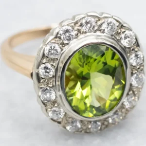 Vintage Gold Peridot and Diamond Halo Ring