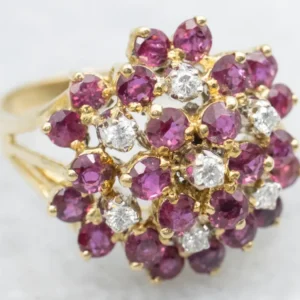 Vintage Gold Ruby and Diamond Cluster Ring