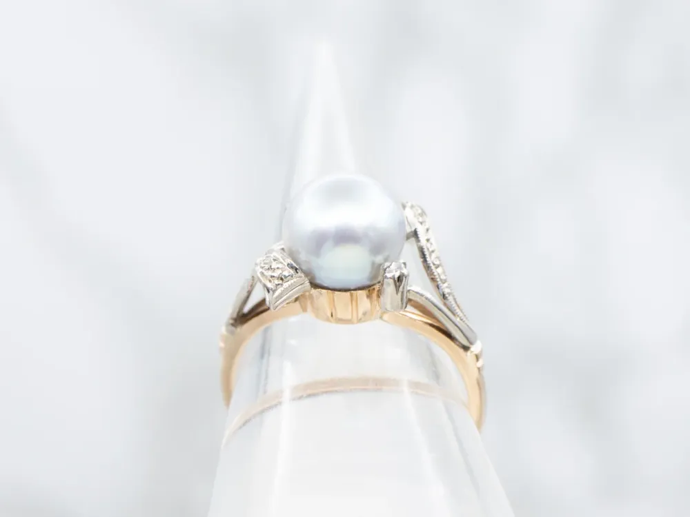 Vintage Grey Pearl and Diamond Bypass Ring