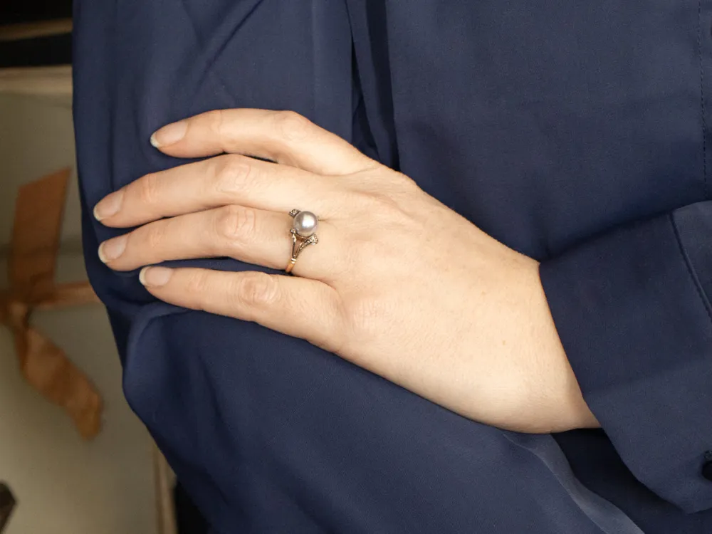 Vintage Grey Pearl and Diamond Bypass Ring
