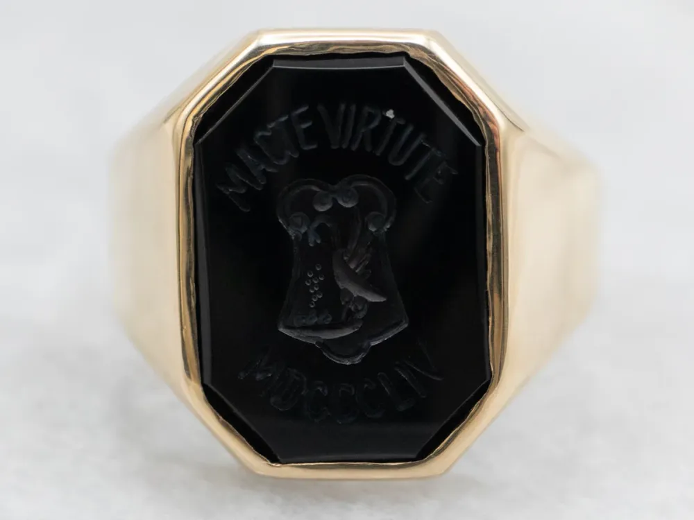 Vintage "MACTE VIRTUTE MDCCCLIV" Carved Black Onyx College Ring
