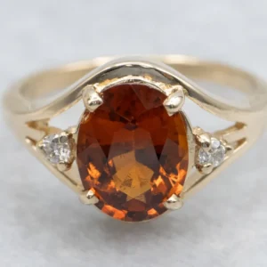 Vintage Oval-Cut Hessonite Garnet and Diamond Ring