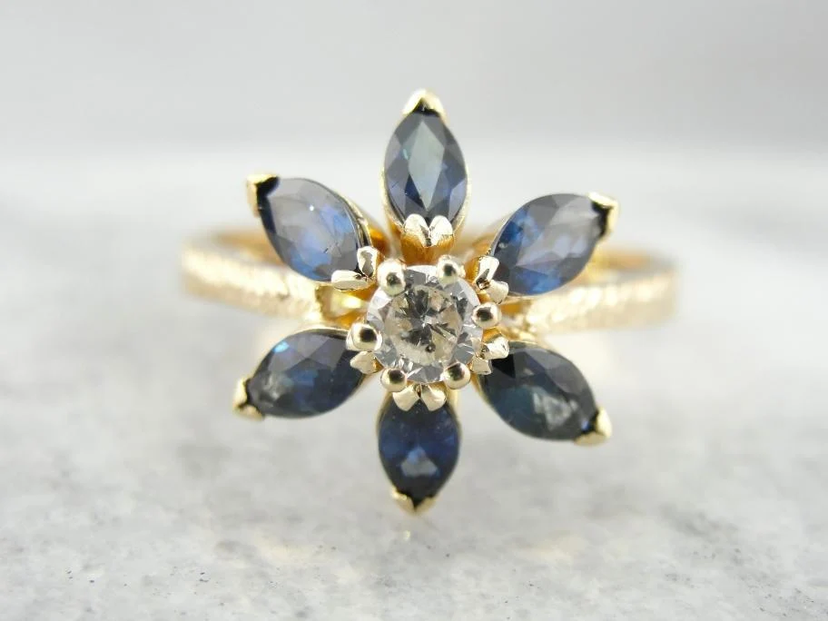 Vintage Sapphire and Diamond Flower Ring