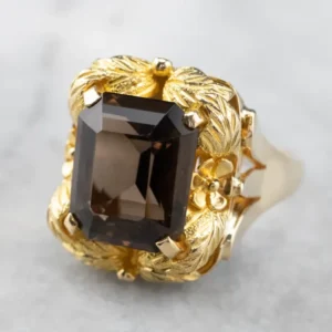 Vintage Smoky Quartz Botanical Verguld Statement Ring - DIN Norm