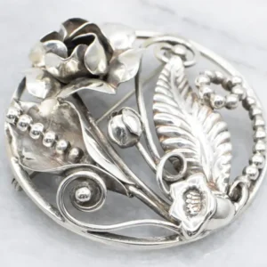 Vintage Sterling Platinagrijs Botanical Circle Pin
