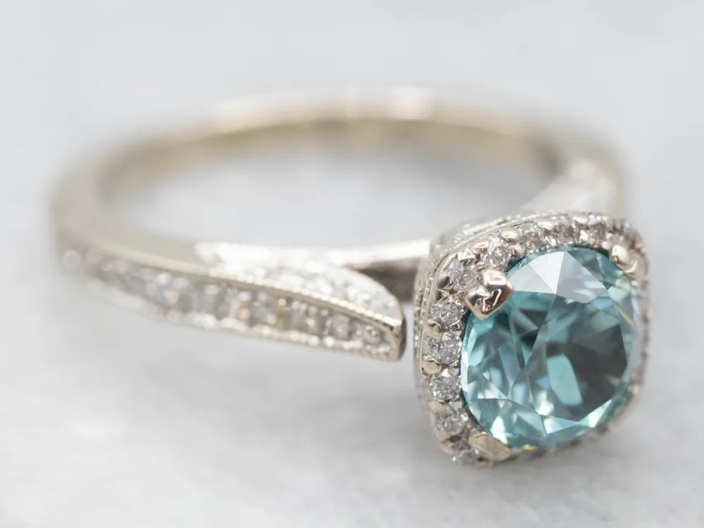 White Gold Zeeblauw Zircon Diamond Halo Ring met CE-Keurmerk