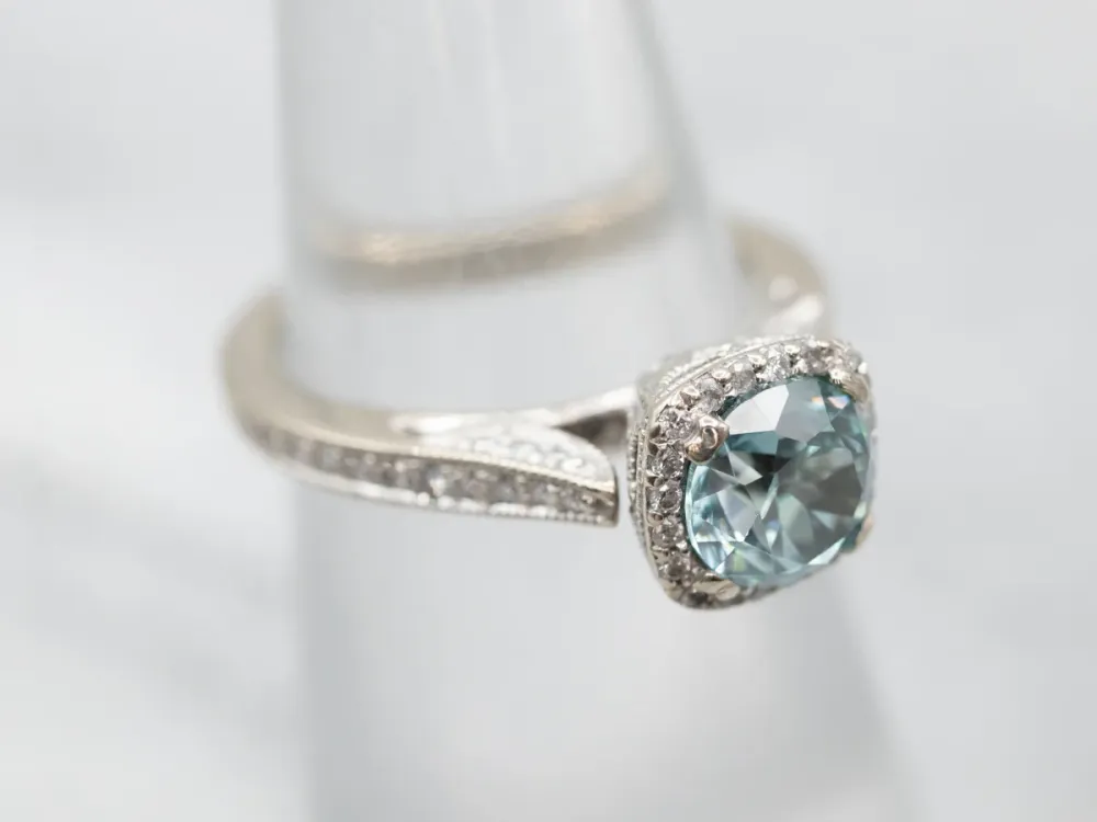 White Gold Zeeblauw Zircon Diamond Halo Ring met CE-Keurmerk