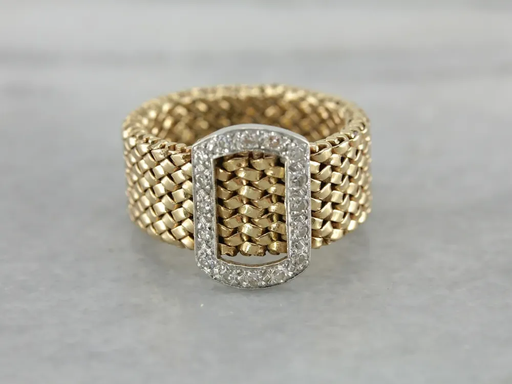 Wide Gold Link Band Diamond Studded Buckle