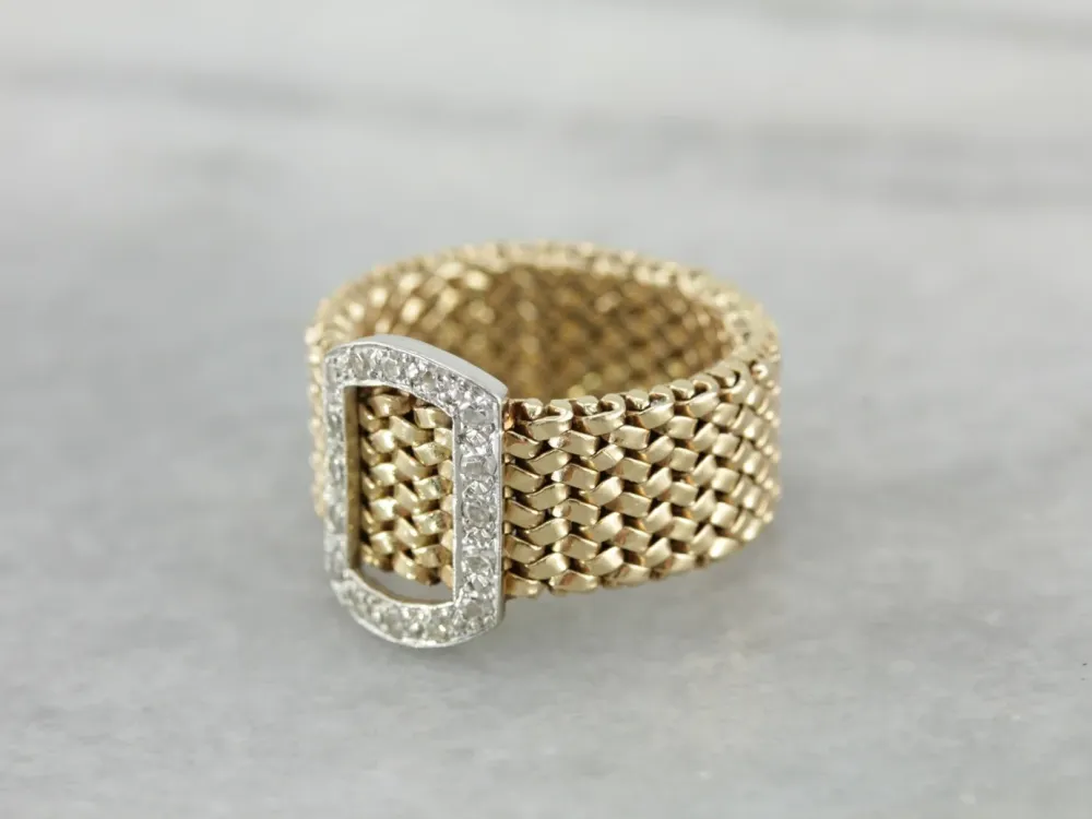 Wide Gold Link Band Diamond Studded Buckle