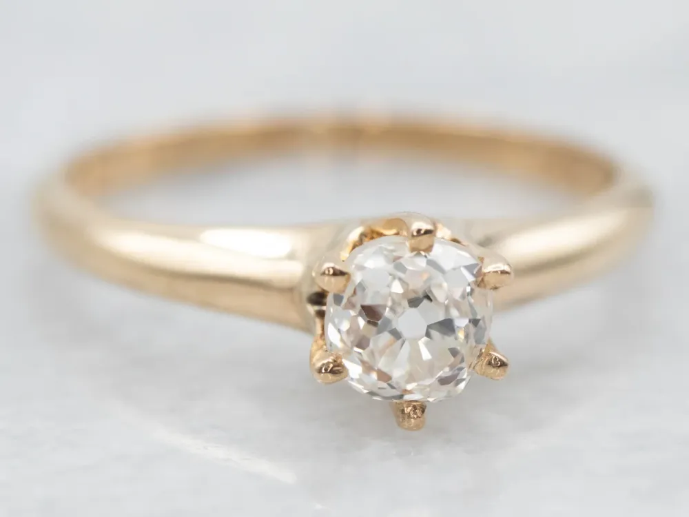 Yellow Gold Old Mine Cut Diamond Solitaire Engagement Ring