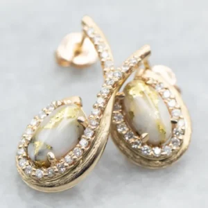 Yellow Gold Oval Cut White Quartz Gold Veining and Diamond Earrings