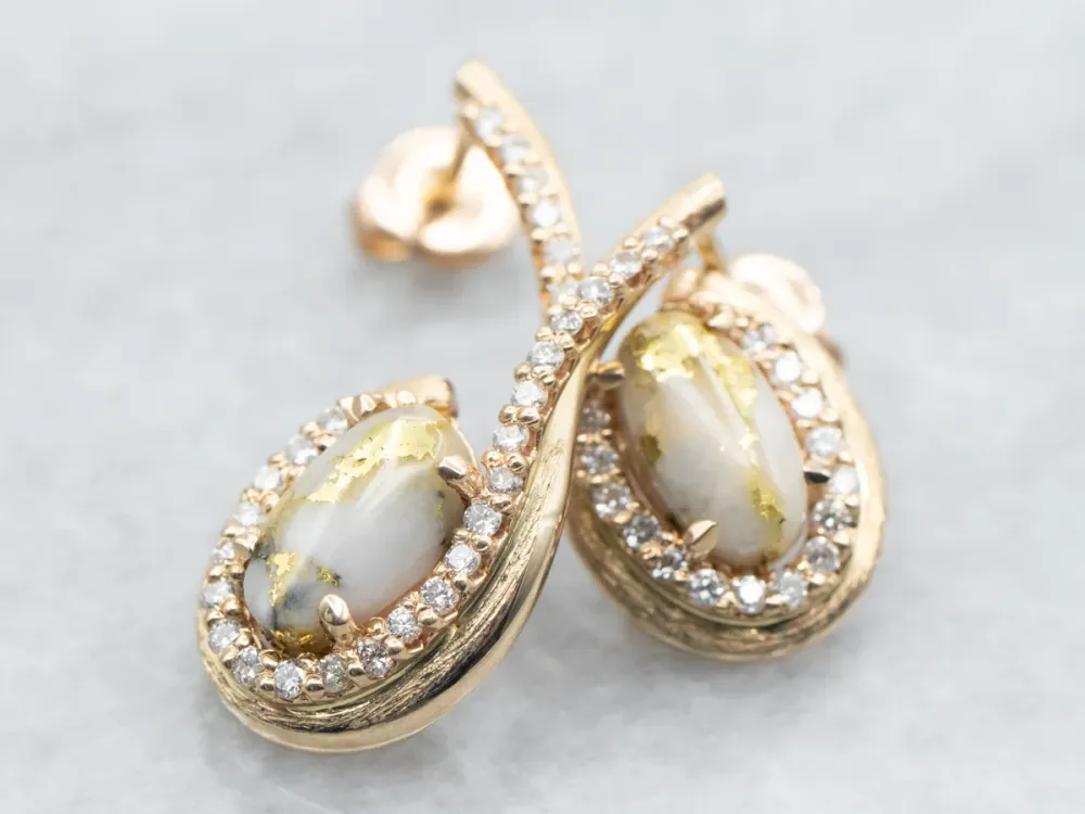 Yellow Gold Oval Cut White Quartz Gold Veining and Diamond Earrings