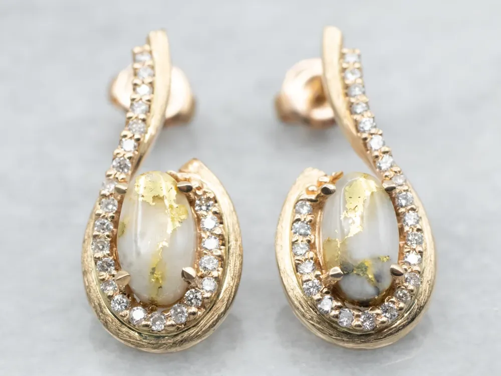 Yellow Gold Oval Cut White Quartz Gold Veining and Diamond Earrings