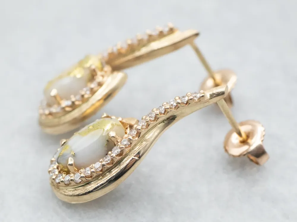 Yellow Gold Oval Cut White Quartz Gold Veining and Diamond Earrings