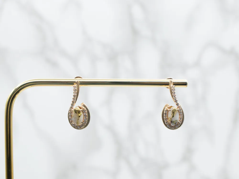 Yellow Gold Oval Cut White Quartz Gold Veining and Diamond Earrings