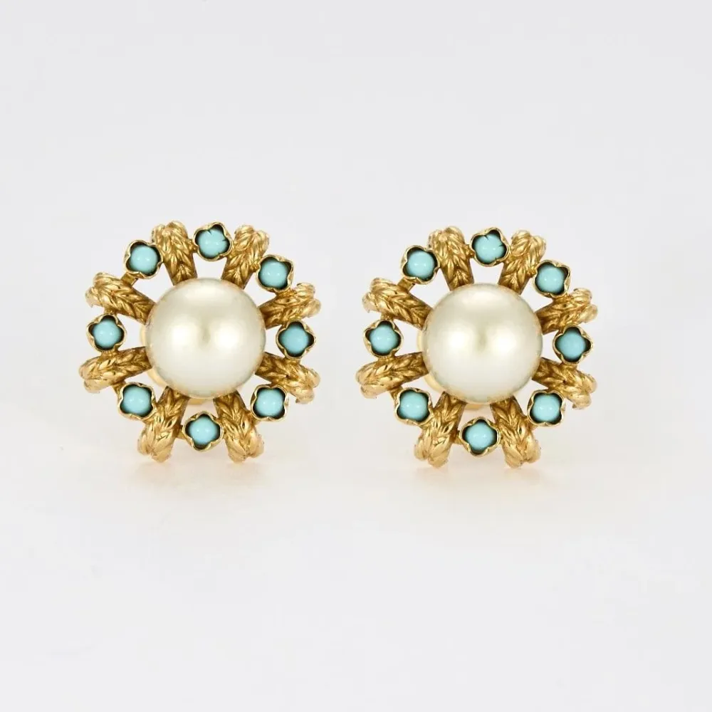 Yellow gold pearl and turquoise earrings