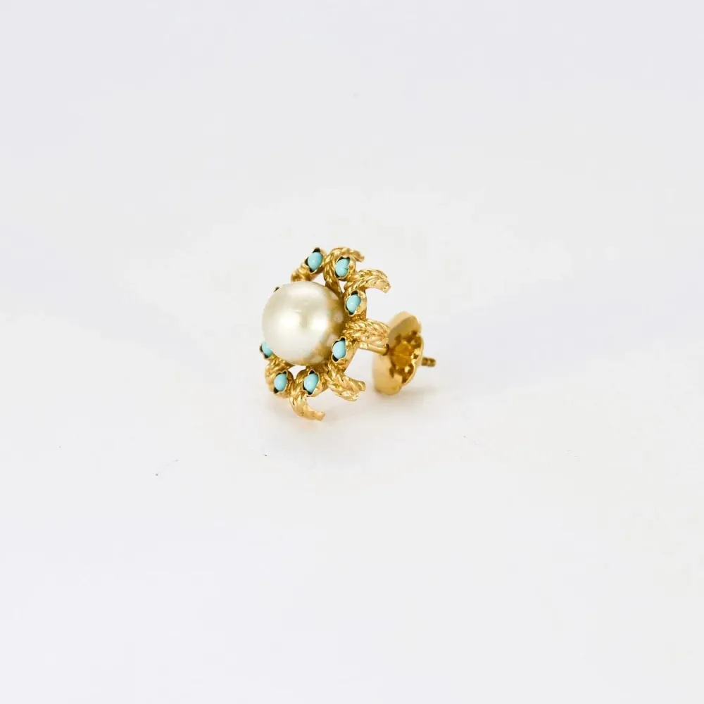 Yellow gold pearl and turquoise earrings