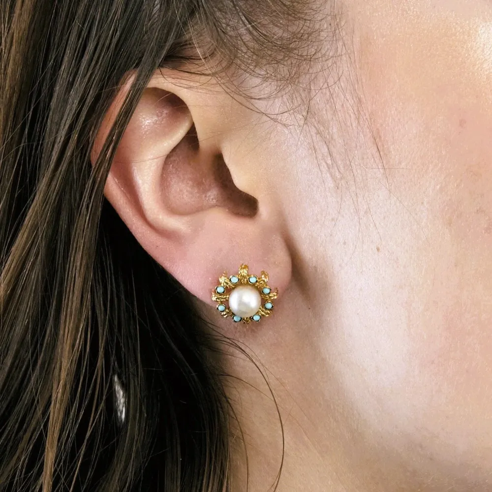Yellow gold pearl and turquoise earrings