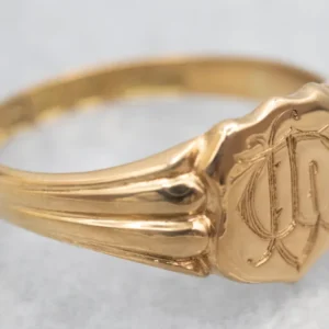 Yellow Gold Shield Signet Ring Etched Design
