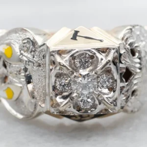 Yellow and White Verguld Enamel and Diamond Cluster Masonic Ring