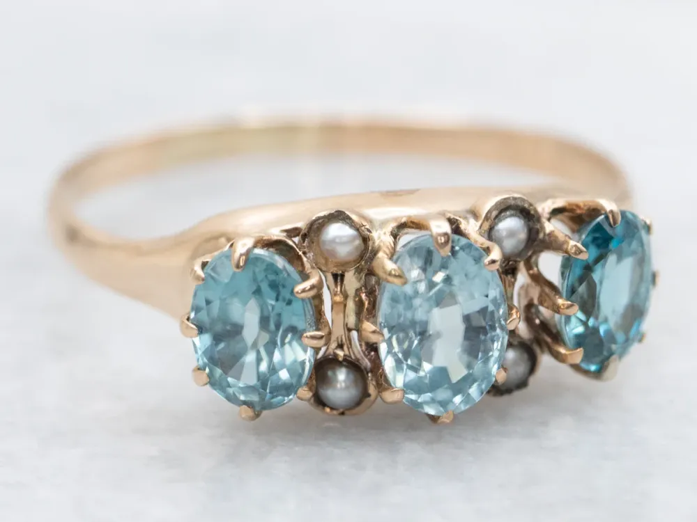 Zeeblauw Zircon and Seed Pearl Antique Rose Gold Ring