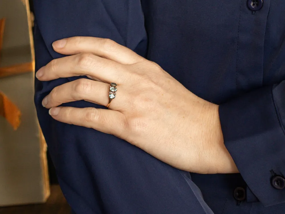 Zeeblauw Zircon and Seed Pearl Antique Rose Gold Ring