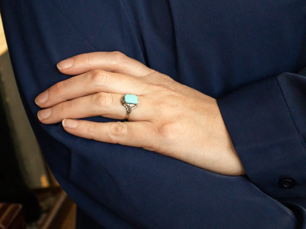Zeeblauwgroen Filigree Art Deco Ring met CE-Keurmerk