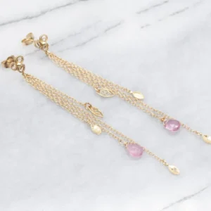 Briolette-Cut Roze Tourmaline Gold Tassel Drop Earrings