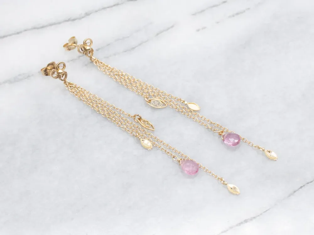 Briolette-Cut Roze Tourmaline Gold Tassel Drop Earrings