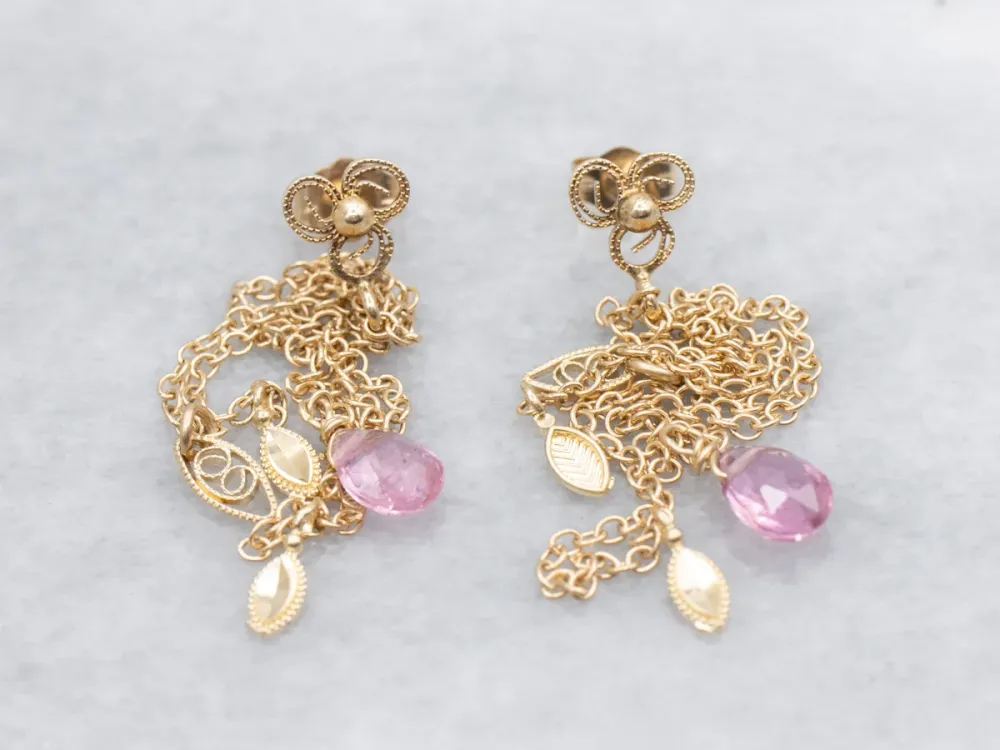Briolette-Cut Roze Tourmaline Gold Tassel Drop Earrings