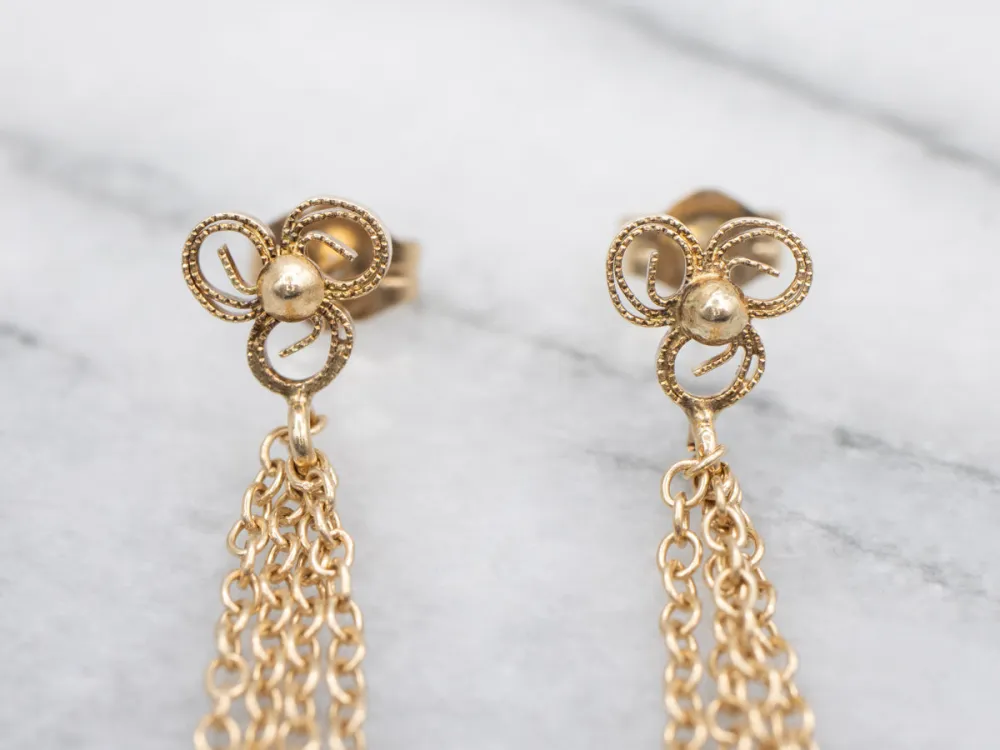 Briolette-Cut Roze Tourmaline Gold Tassel Drop Earrings