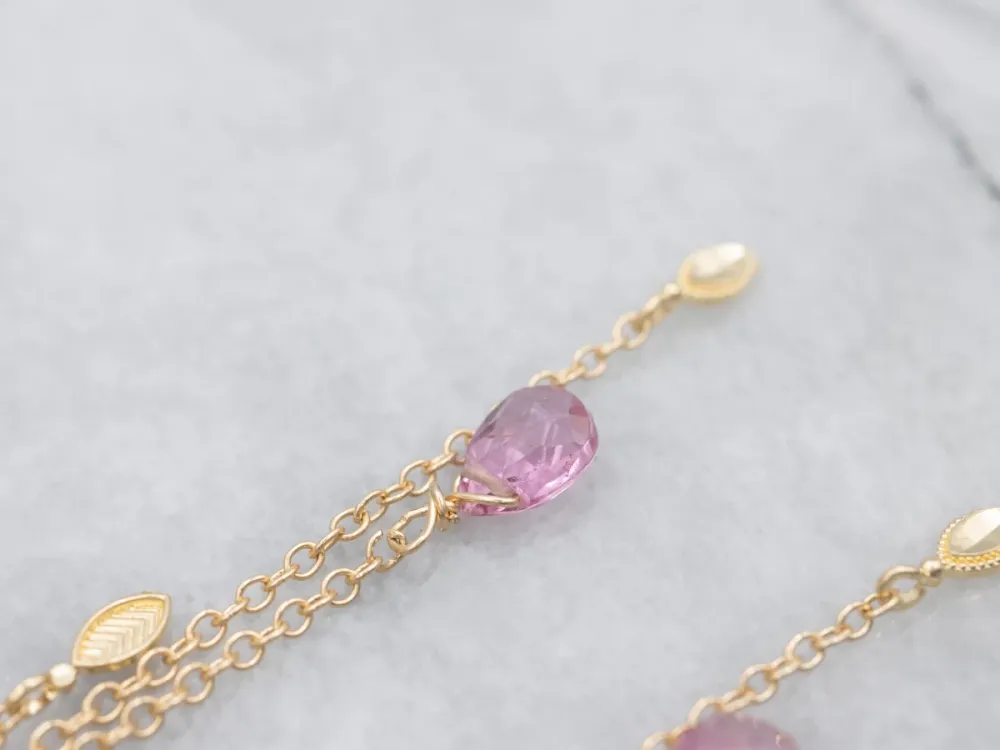 Briolette-Cut Roze Tourmaline Gold Tassel Drop Earrings