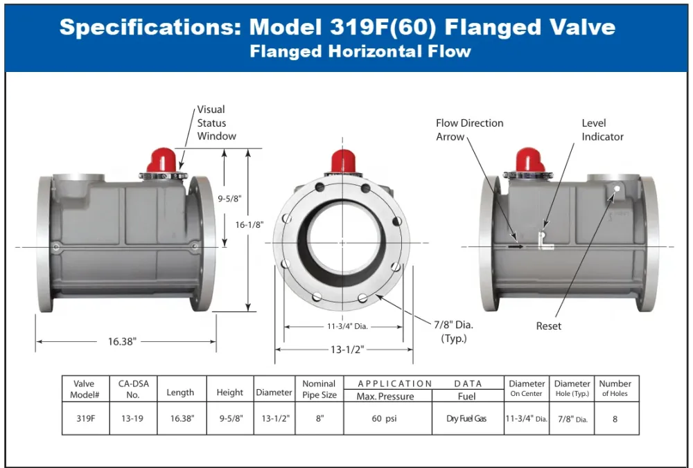 Pacific Seismic Products 319F Series 8" 60PSI Horizontal Inlet Flanged High Pressure Earthquake Gas Shut-Off Valve