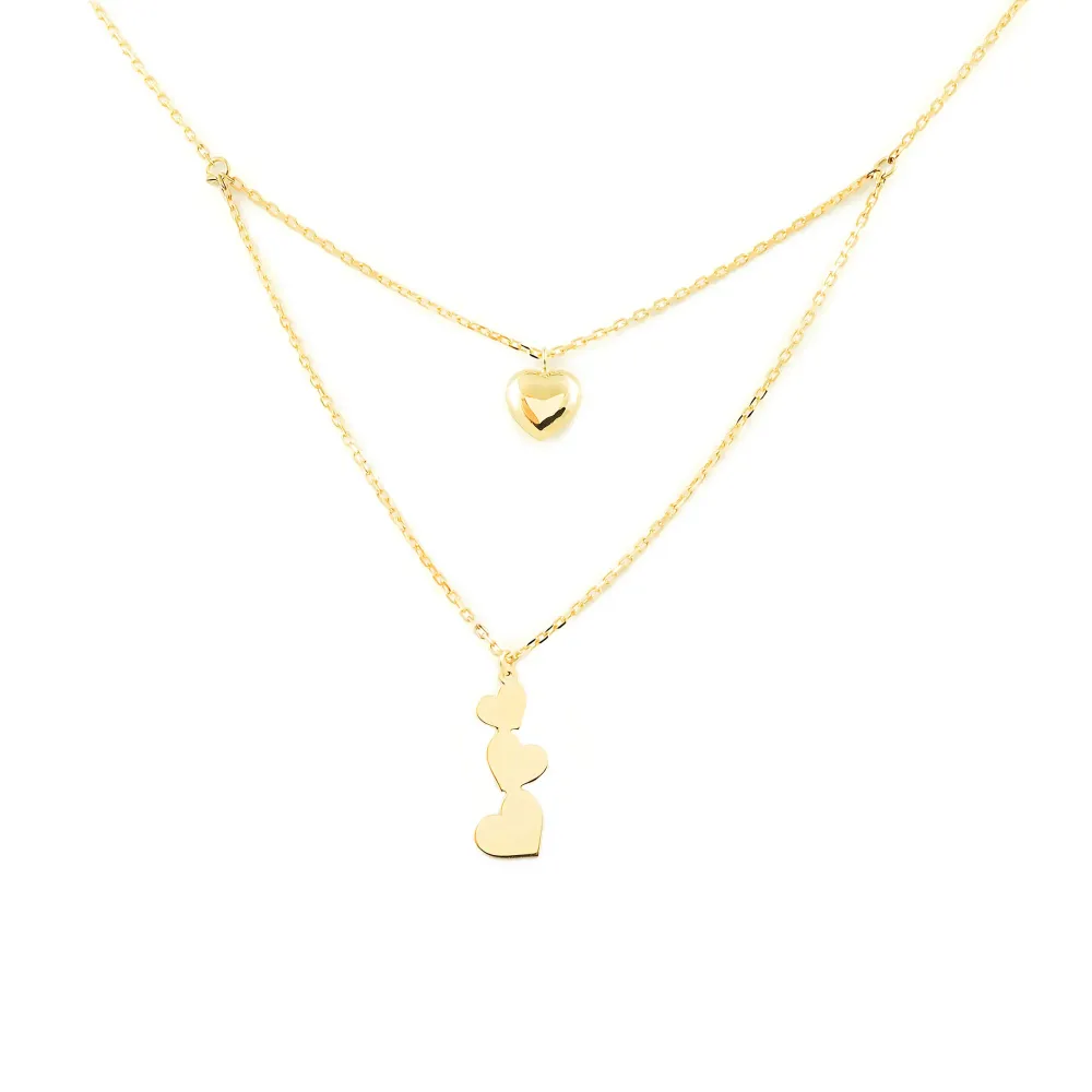 9ct Zonnegeel Gold Hearts Necklace 42 cm met 90° hoek