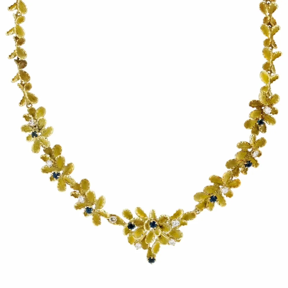 Vintage necklace sapphires diamonds yellow verguld textured met 8 bevestigingspunten