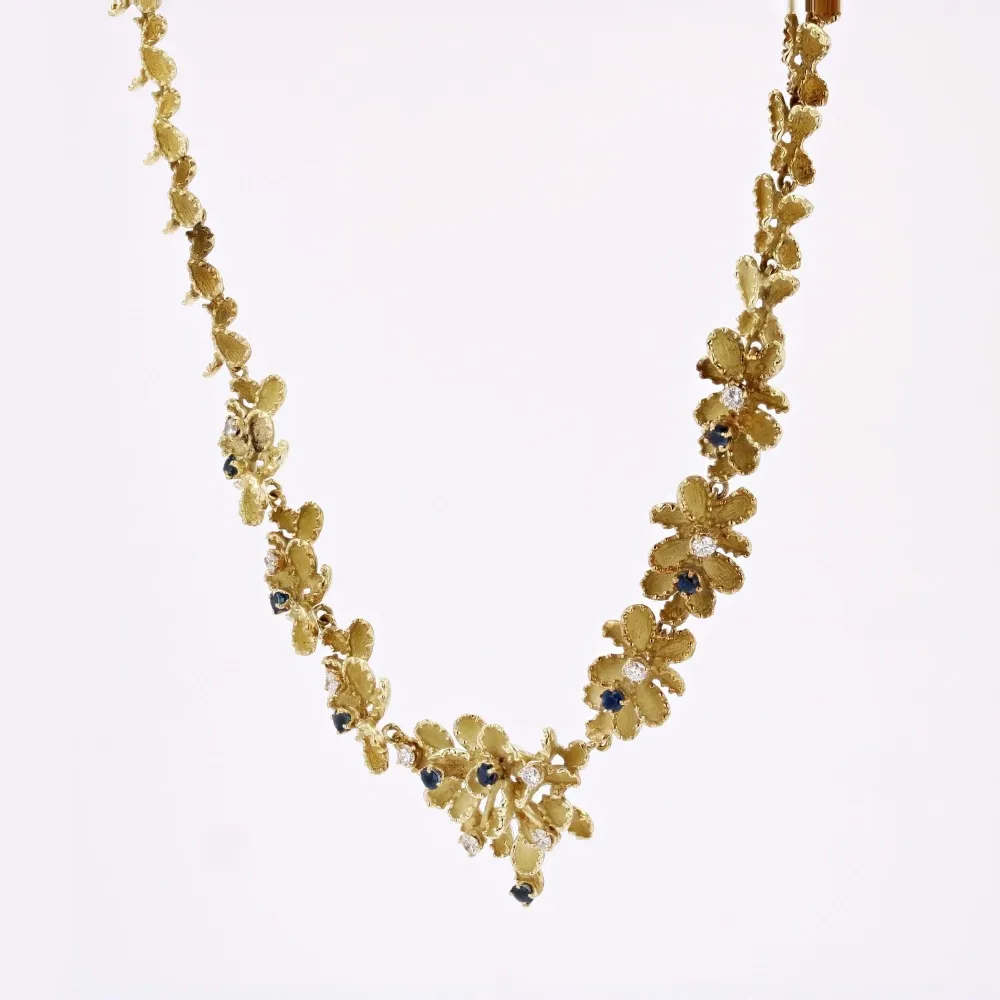 Vintage necklace sapphires diamonds yellow verguld textured met 8 bevestigingspunten