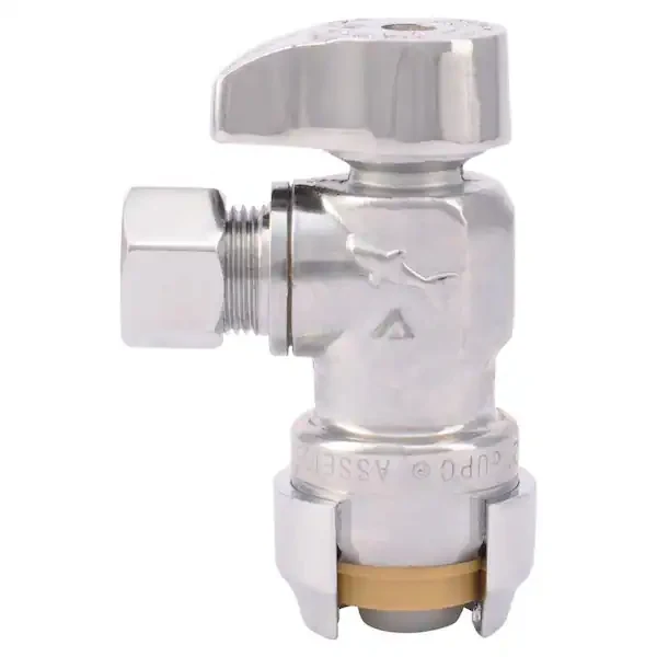 SharkBite 1/2 . Push-to-Connect x 3/8 . O.D. Compression Chrome-Plated Geel koper Quarter-Turn Angle Stop Valve