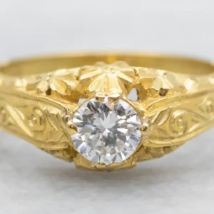 Finely Carved Diamond Solitaire Gold Engagement Ring