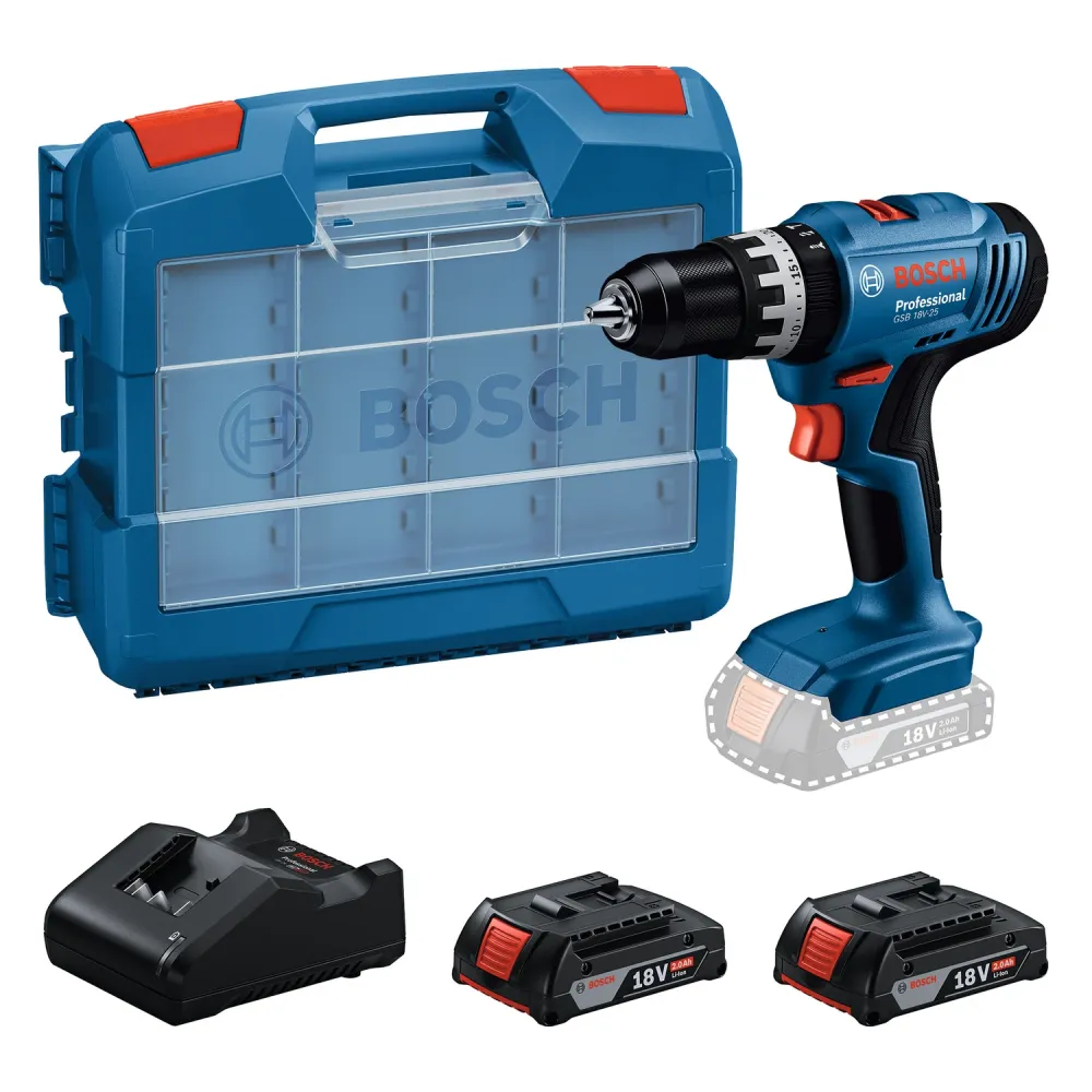 Accuklopboorschroevendraaier GSB 18V-25 (2x GBA 18V 2,0 Ah, lader GAL 18V-20, 63 accessoires) Bosch