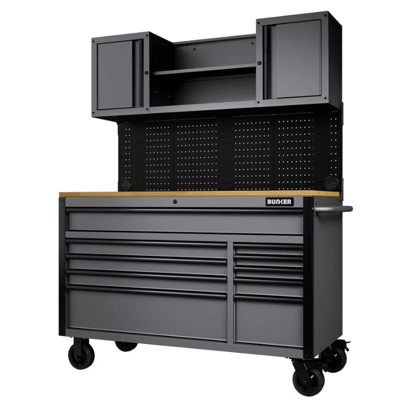 BUNKER Gereedschapswagen/werkbank met achterwand, 142cm, licht grijs