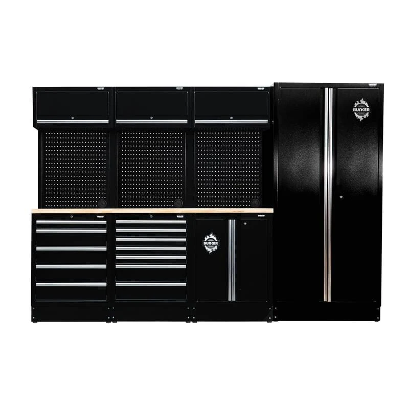 BUNKER 46 cm opbergcombinatie met hardhouten werkblad – 15-delig – 296×46×200 cm