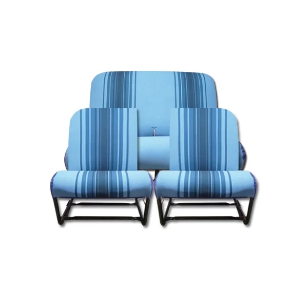 COMPLETE KIT 2 ASYMMETRISCHE VOORSTOELEN + ACHTERBANK. BLAUW GESTREEPTE STOF