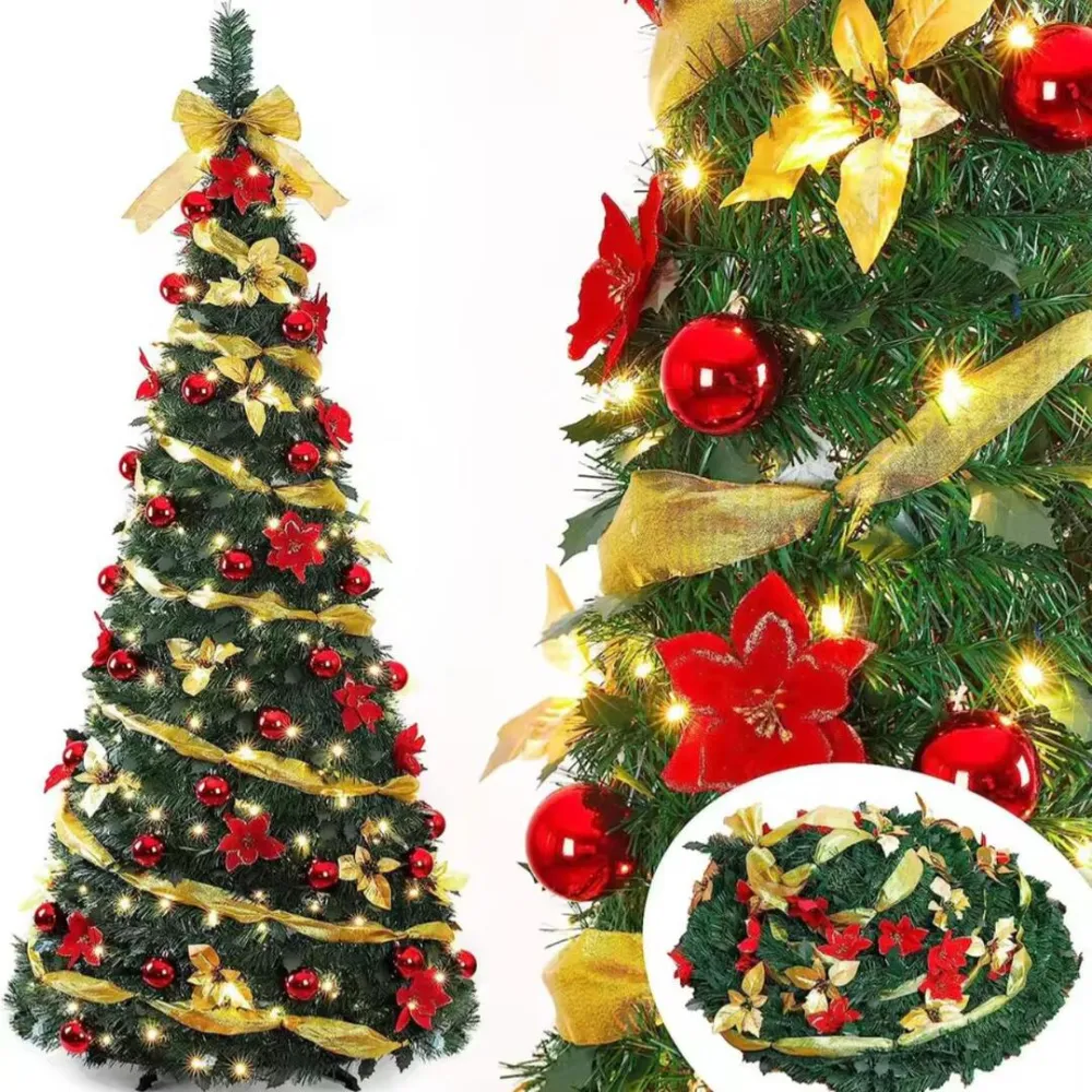 QuickDecor | 1,8m Vouwbare Kerstboom met 350 LED-lampen en Feestelijke Versieringen Finest Luxe