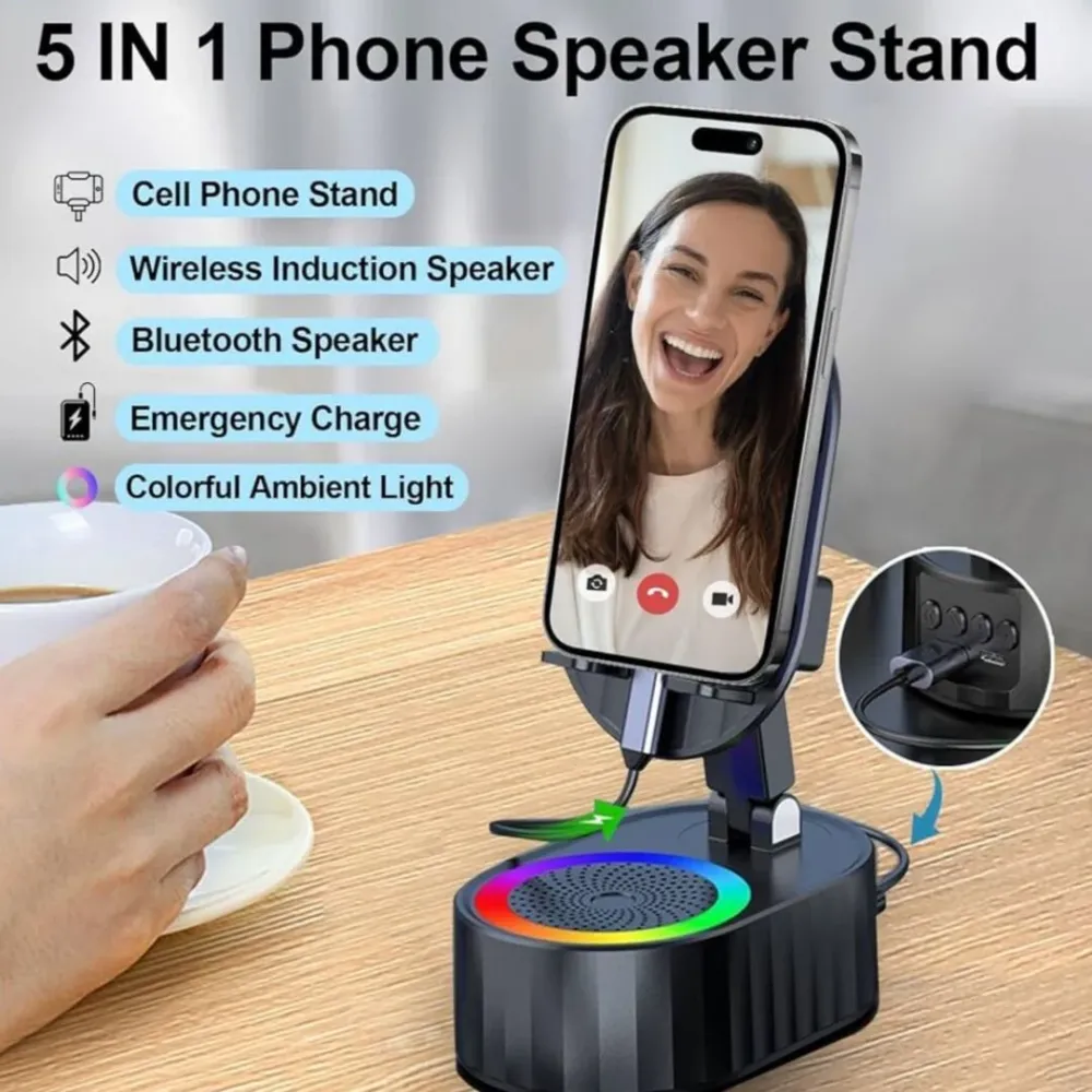 GlowStand | 5--1 Draadloze Inductie Speaker met Verlichting & Telefoonhouder