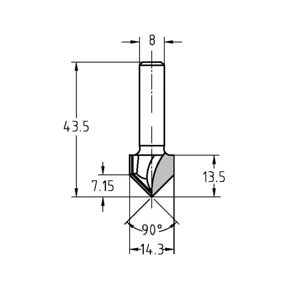 V-GROEFFREES 90°, D=14 MM, S=8 MM, HW, Z=2 JSO