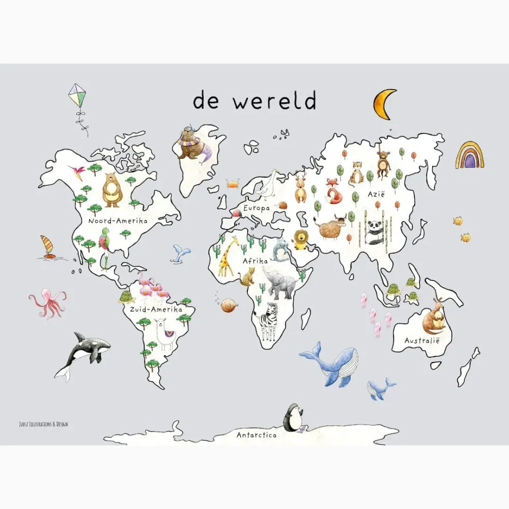 Kinderposter wereldkaart - Juulz Illustrations Juulz Illustrations & Design