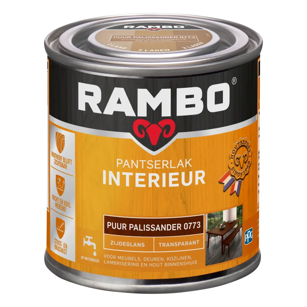 Rambo Pantserlak Interieur Transparant Zijdeglans 0773 Puurpalissander 0,25 Ltr