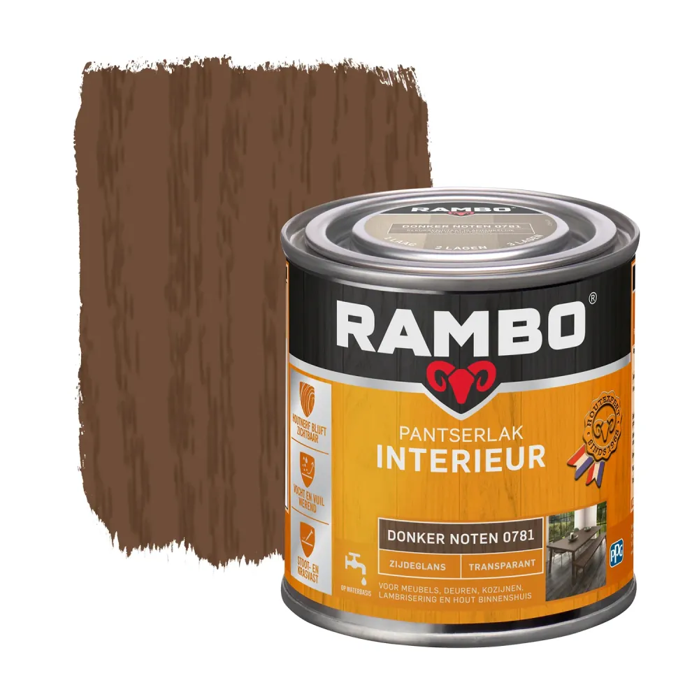 Rambo Pantserlak Interieur Transparant Zijdeglans 0781 Donkernoten 0,25 Ltr