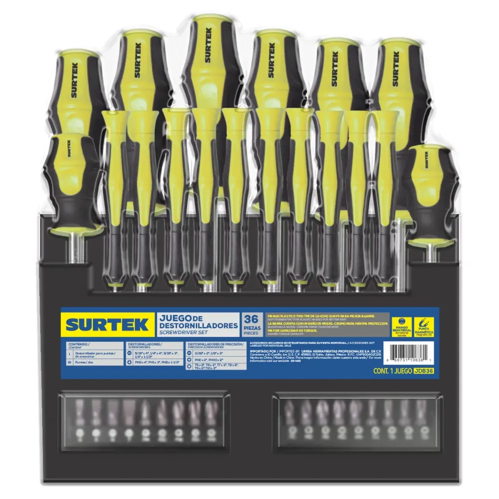 Juego de destornilladores con mango bimaterial combinados, 36 piezas en rack Surtek SURTEK DS