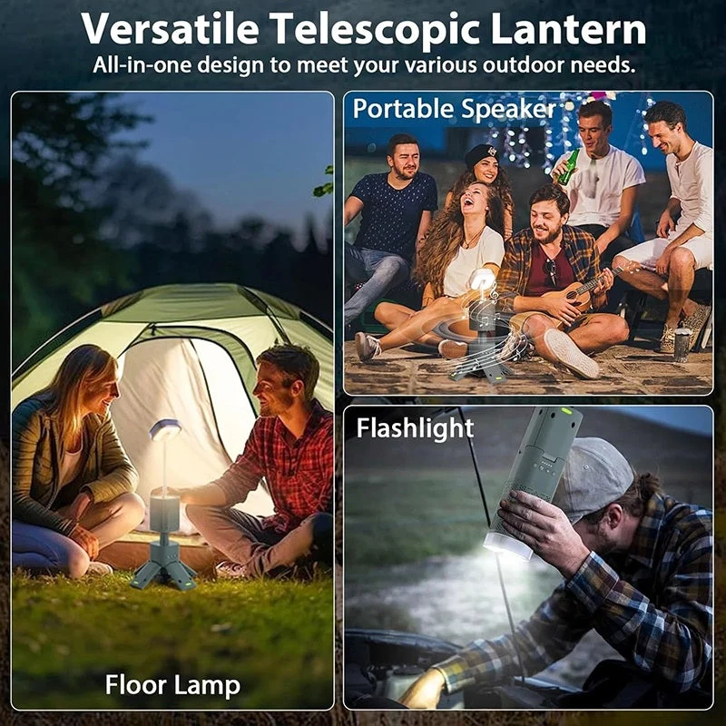Telescopische Campinglamp met Bluetooth Speaker – Oplaadbaar & Dimbaar – 2--1 Buitenverlichting voor Kamperen & Reizen